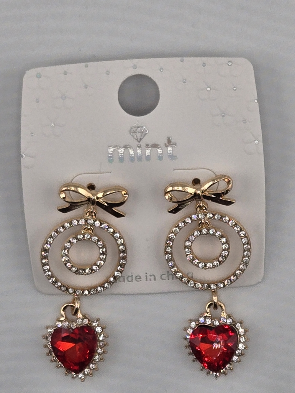 Mint Red Heart Bow Rhinestone Drop Earrings Gold Tone Romantic Statement